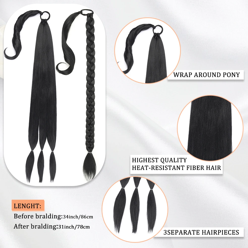 Long DIY Braided Ponytail Extension with Hair Tie Straight Wrap Around Hair Extensions Ponytail Natural Soft Synthetic fake hair extensions