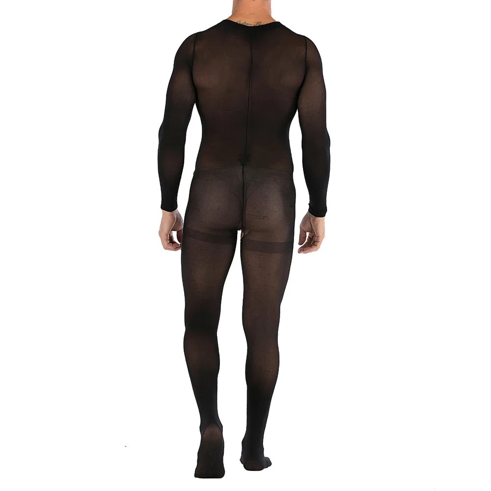 Men Bodysuits Sexy Erotic Lingerie Sheer Solid Color Breathable Crotchless Full Body Transparent Soft Stockings