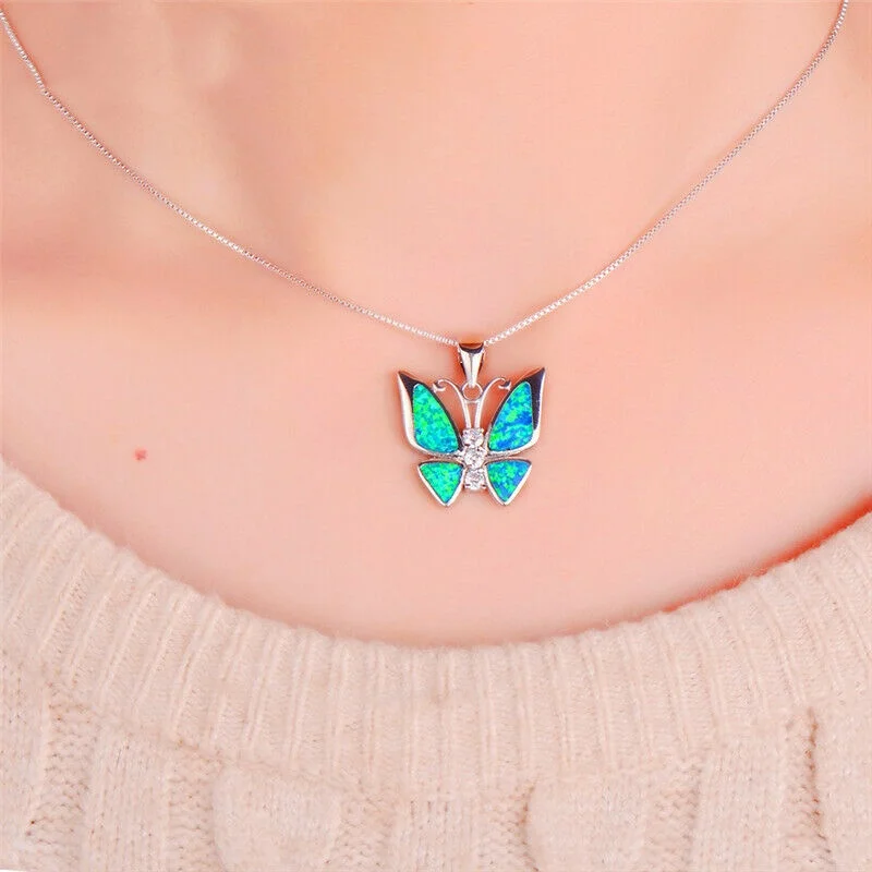 White Simulated Opal Butterfly Silver Pendant Necklace - Image 4