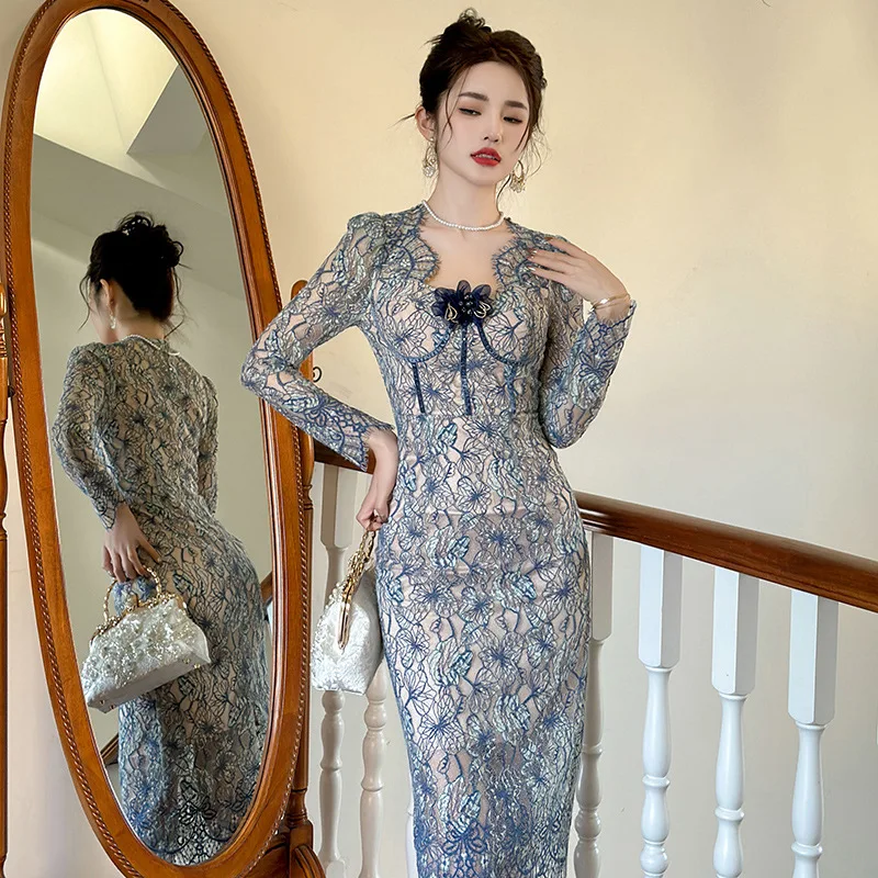 

Новинка Осень-зима 2023, женское модное французское кружевное платье с асимметричным воротником