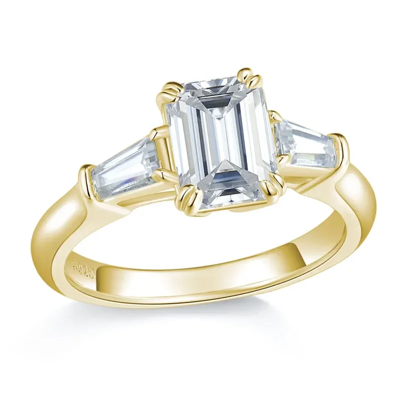 14K Yellow Gold Plated Solid Silver 3-Stone Engagement Rings For Women Emerald Baguette Cut 2.6ct D Color GRA Certificate
