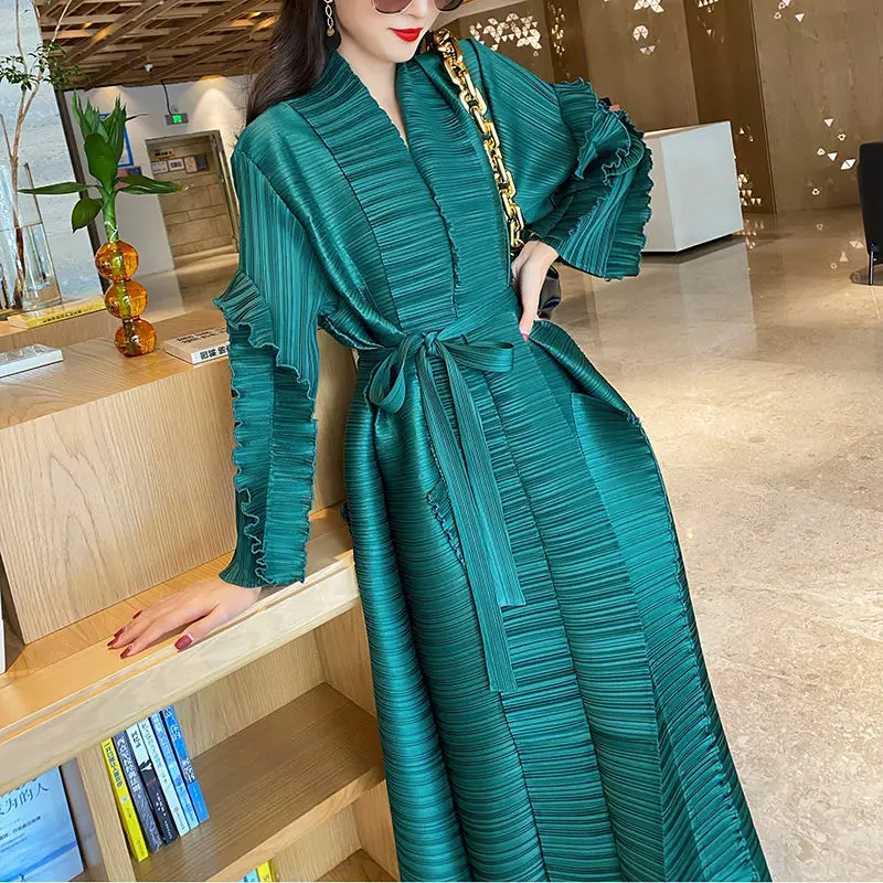 

GGHK Miyake Pleated Long Petal Sleeve Dress Lapel Cardigan Sashes Loose Plus Size Dresses Autumn 2023 Women Design Clothes