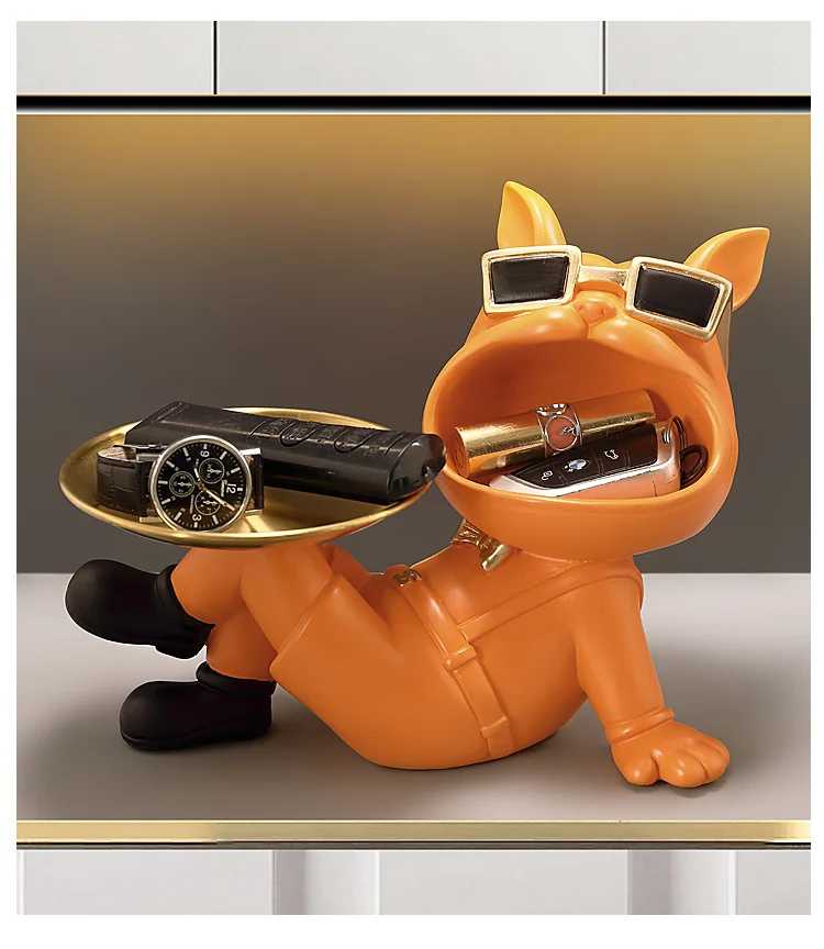 Bulldog Resin Figurine Ornament, Big Mouth Dog with Storage Tray, Candy, Key Storage Container Ornament, Tabletop Figurine