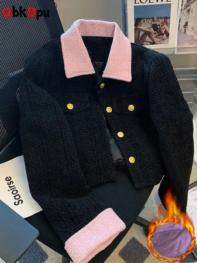 Warm Tweed Turn Down Collar Short Jackets Elegant Thick Single Breasted Cropped Coat Patchwork Sleeve Design