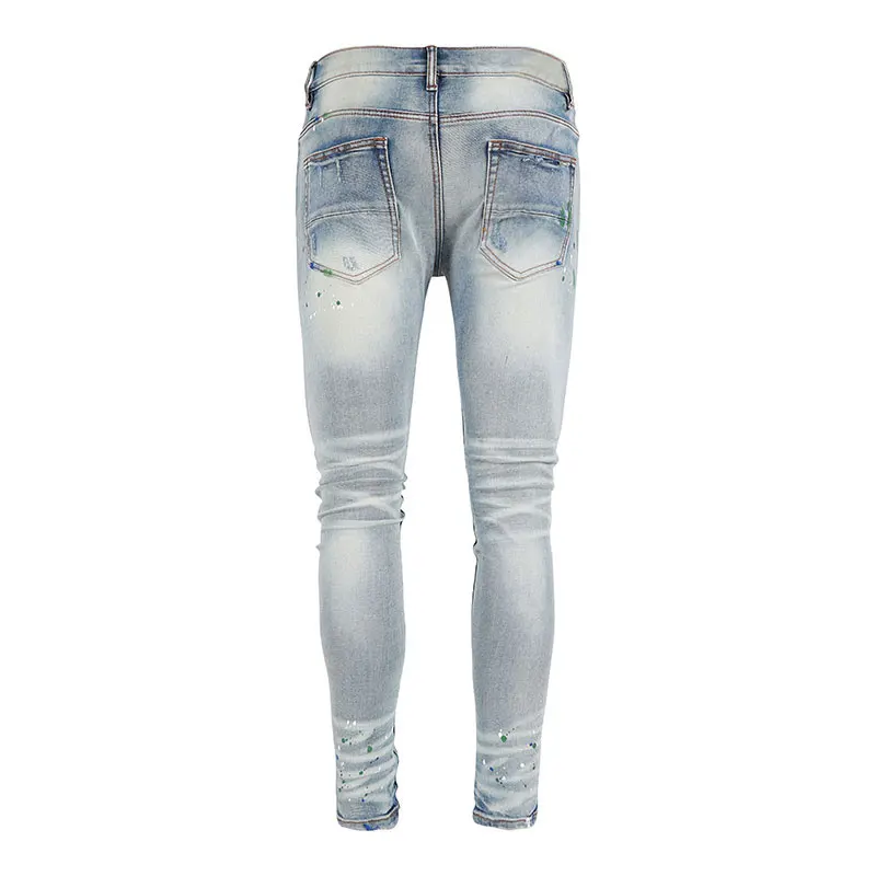 Street Fashion Men's High Quality Jeans Painted Retro Wash Blue Elastic Tight Split Jeans Blue Patches Latest Designer Hip Hop B