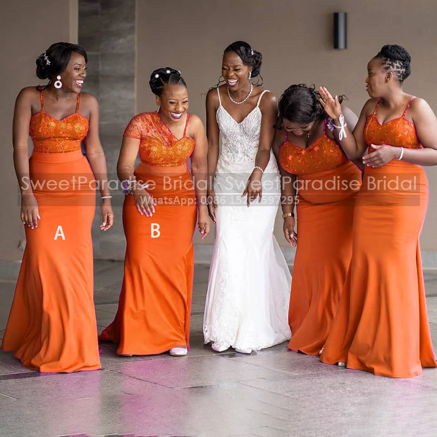 

Lace Appliques Bridesmaid Dresses Long Mermaid Spaghetti Straps Orange Sheath Wedding Guest Dress Party For Women