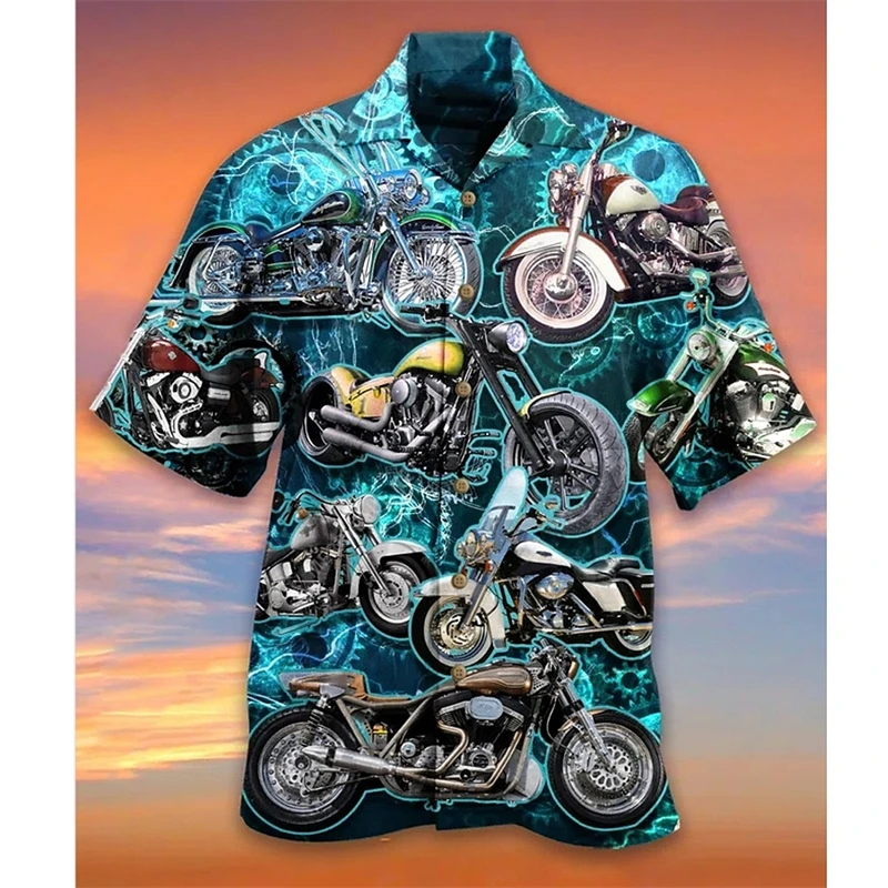 Vintage Motorcycle Graphic Shirts For Men Fashion Casual Short