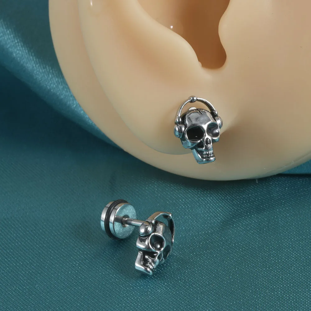 Skull Ghost Head Bunny Stud Earrings PAIR Punk Flat Back Screw On Cool Star Ear Lobe Studs Cartilage Helix Piercing Punk Style