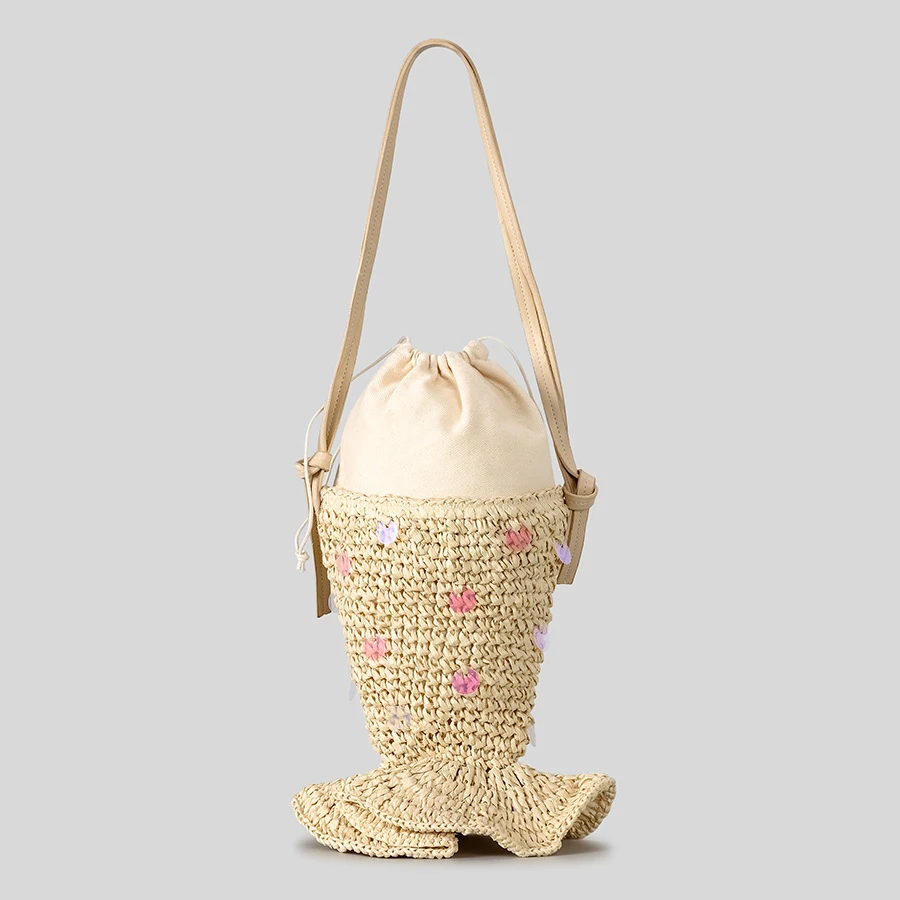 Crossbody Bag Creative Sequins Fish Shaped Straw Women Shoulder Bags Paper Woven Crossbody Bag Cute Summer Beach Bag Small Female Purses