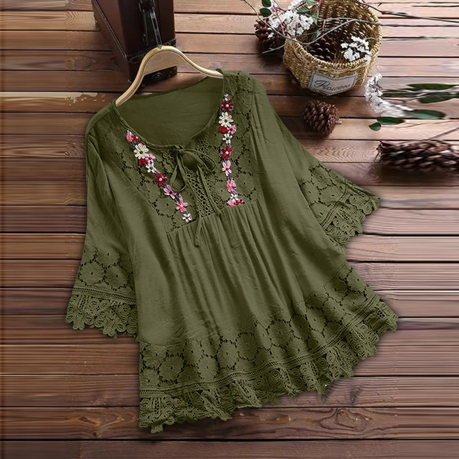 Summer Blouses For Women Casual Bow Lace Shirt Vintage Patchwork V