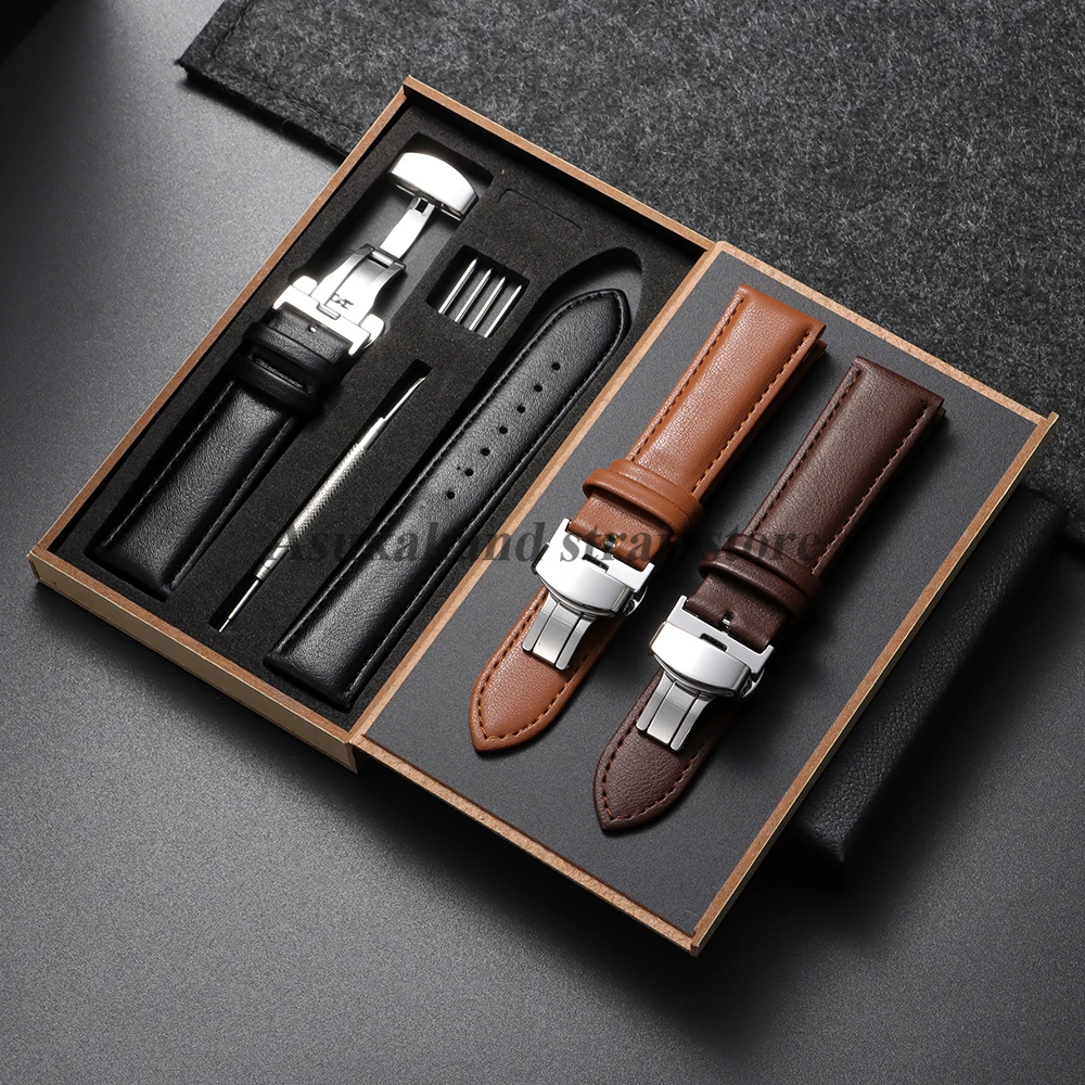 Premium Genuine Leather Watch Band with Butterfly Clasp - Brown & Black Bracelet Strap