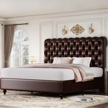 King Size Platform Bed Frame with 54" Tall Headboard, PU Leather Upholstered Platform Bed with Solid Wood Leg
