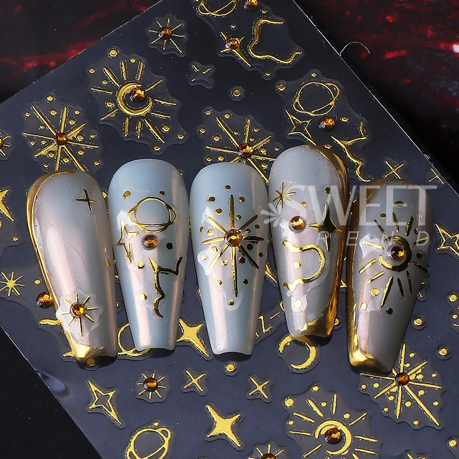 2pcs Bronzing Nail Art Stickers With Rhinestone Star Moon Planet Bohemian Adhesive Slider Nail Decals DIY Manicure Decoration