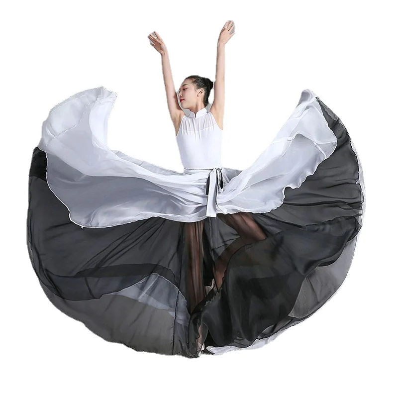 

360 540 720 Degree Chiffon Skirt Ballet Belly Dance Women Two Layer Color Splicing Long Skirts Dancer Practice Wear Dance Skirt