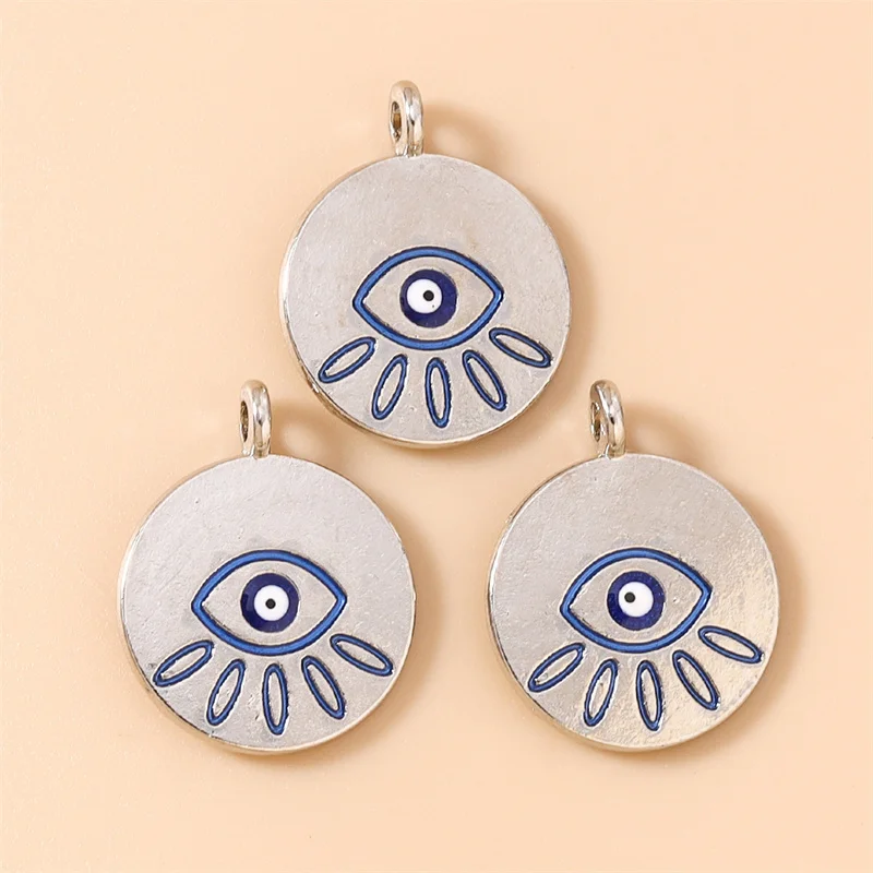 Leslie 10 Stück 18x22mm goldfarbene runde Metallanhänger mit blauem Auge, handgefertigte Halsketten, Armbänder, DIY-Handwerk, Schmuckherstellung – Detail 5