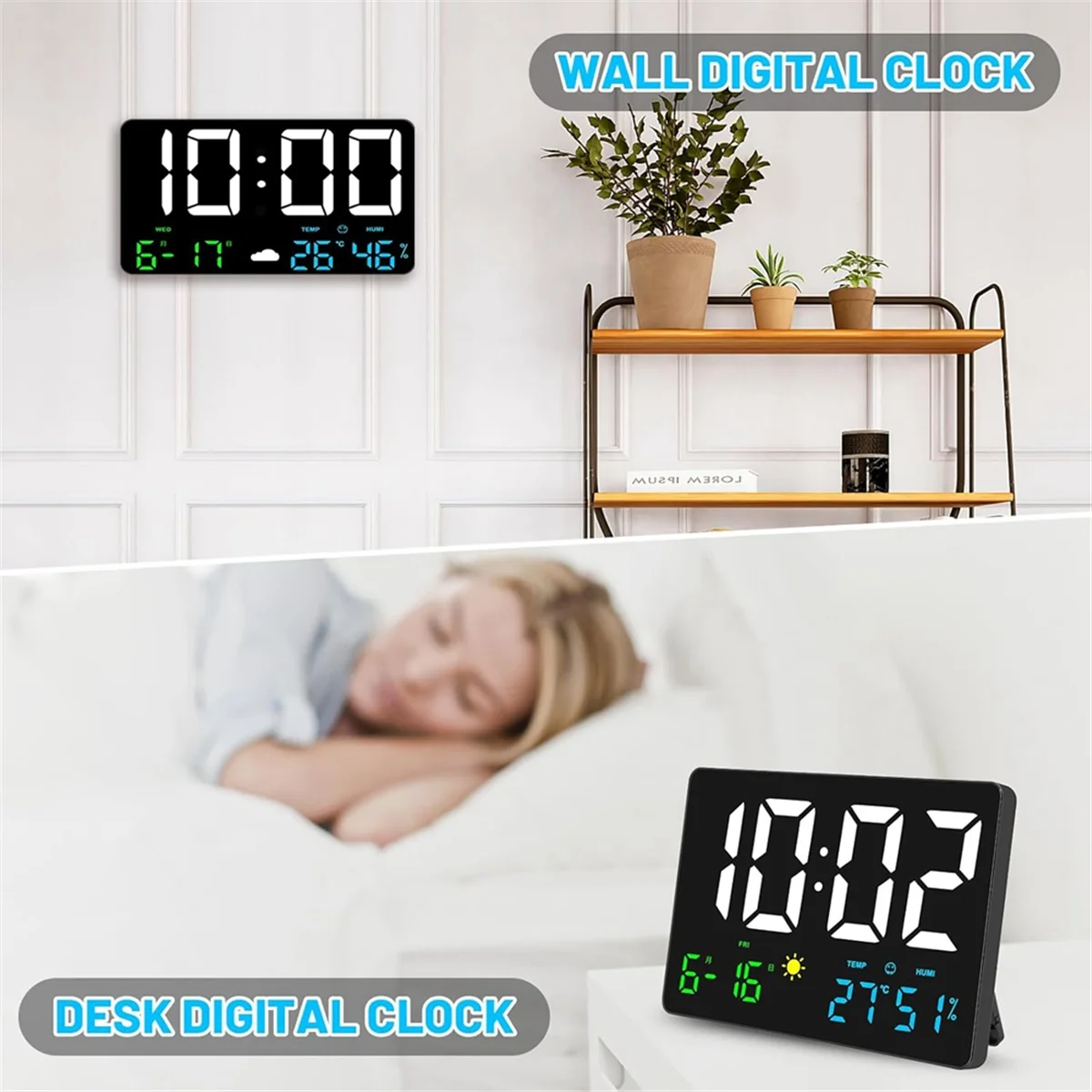 Digital Wall Clock Large Display, 25cm USB LED Digital Wall Clocks Alarm Clock for Bedrooms with Weather Station