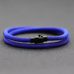 Minimalist Double Layer Men's Rope Bracelet with Magnetic Buckle - Stylish Gift - M 19.5cm 7.7Inch (Dark Blue)
