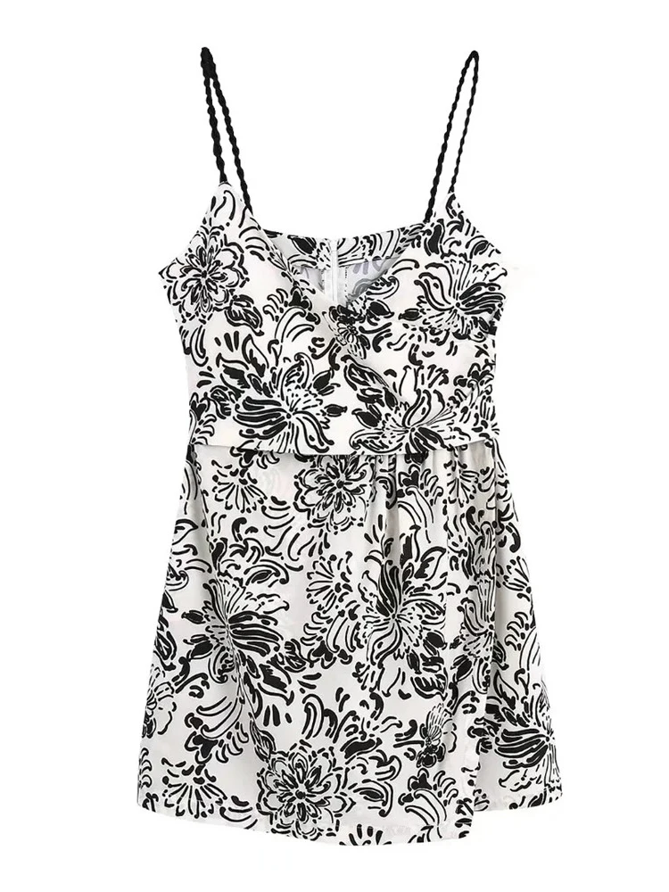 

Merodi Chic Lady Summer Fashion Black Print High Waist Playsuits Girls Cross V-Neck Sleeveless Back Zipper Casual Jumpsuits