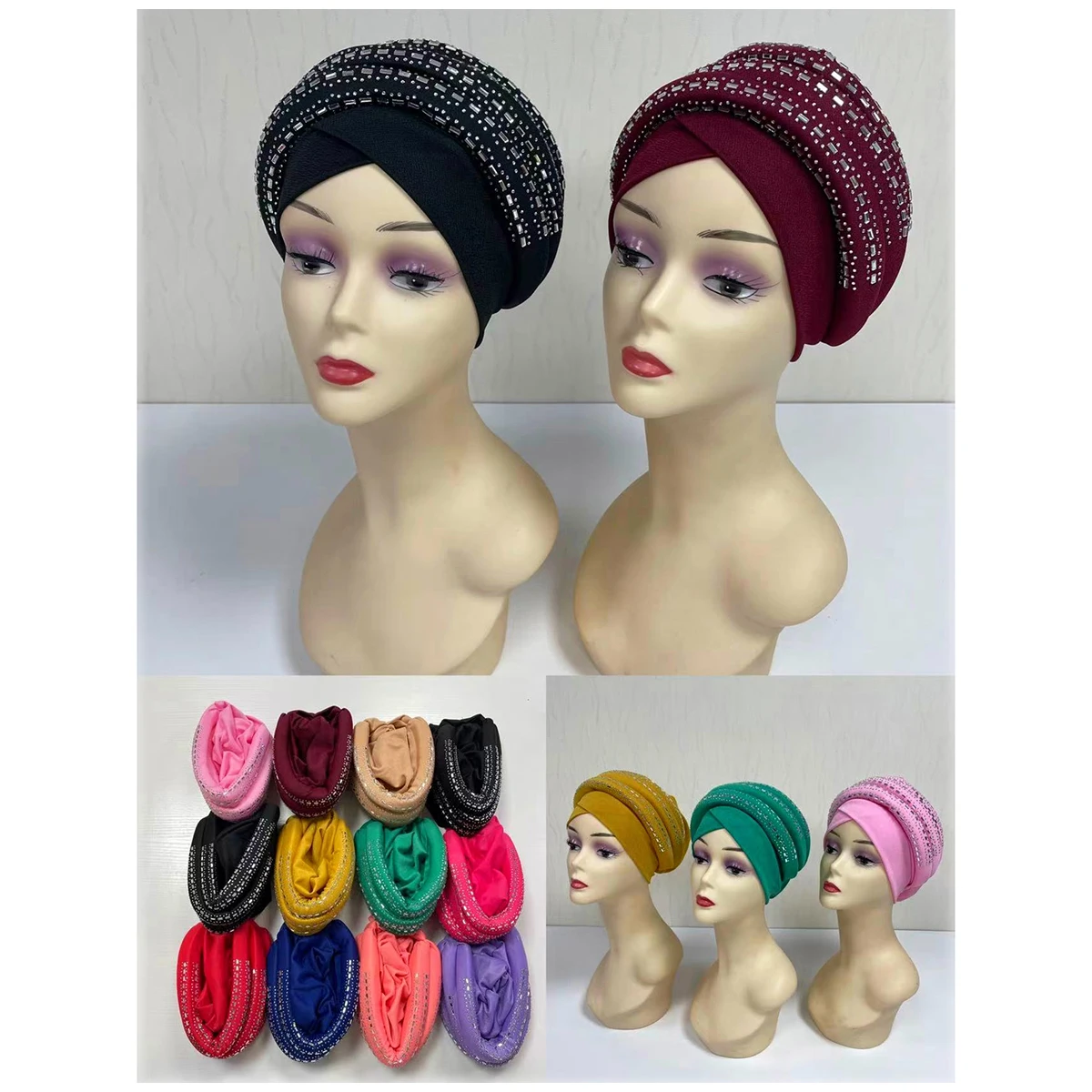

6/12 Pieces Fashion Muslim Female Turban Hat Bonnet Gold Velvet Hot Rhinestone Solid Indian Beanie Hair Bonnets Cap For Women