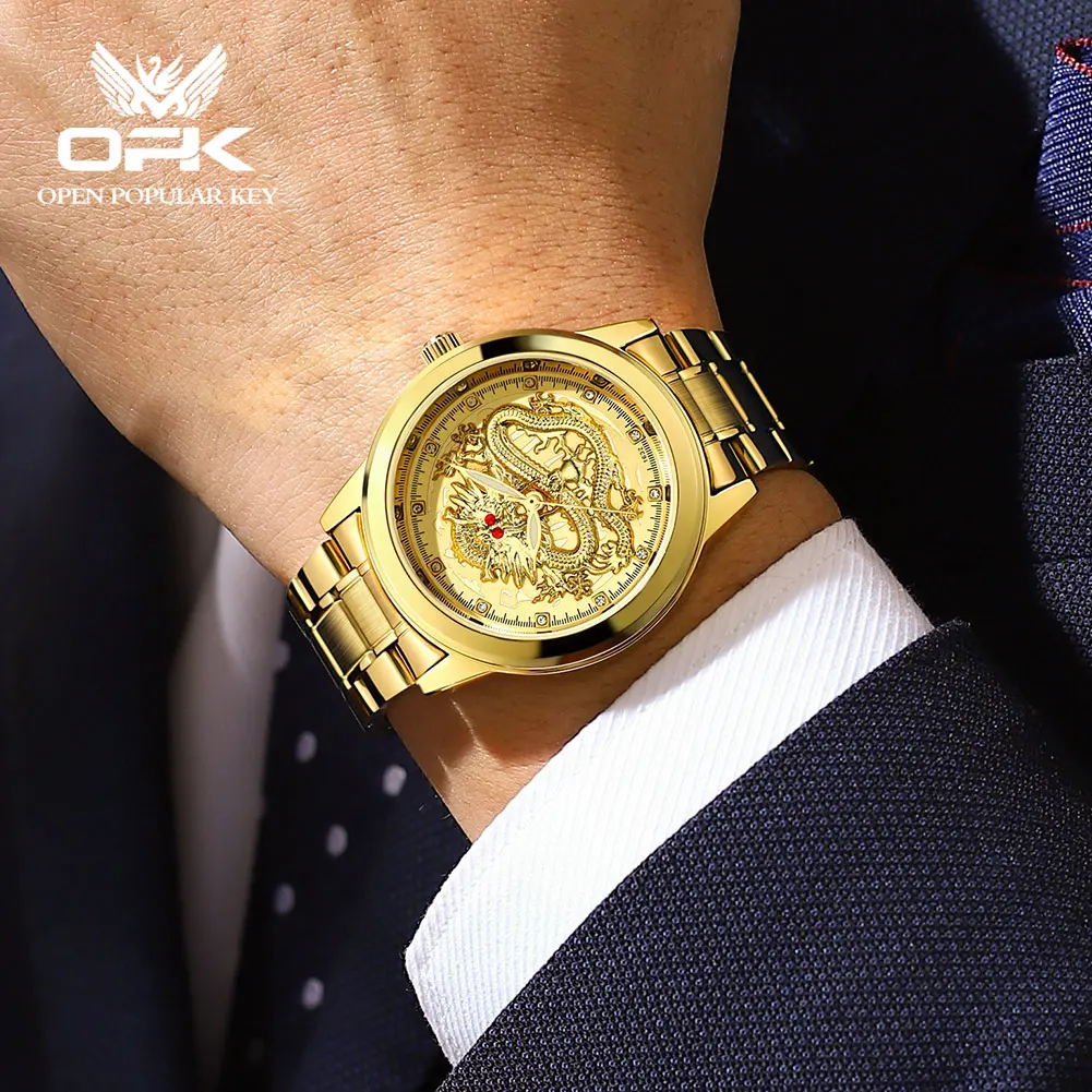 OPK 8111 Luxury Gold Relief Diamond Golden Dragon Men's Watch