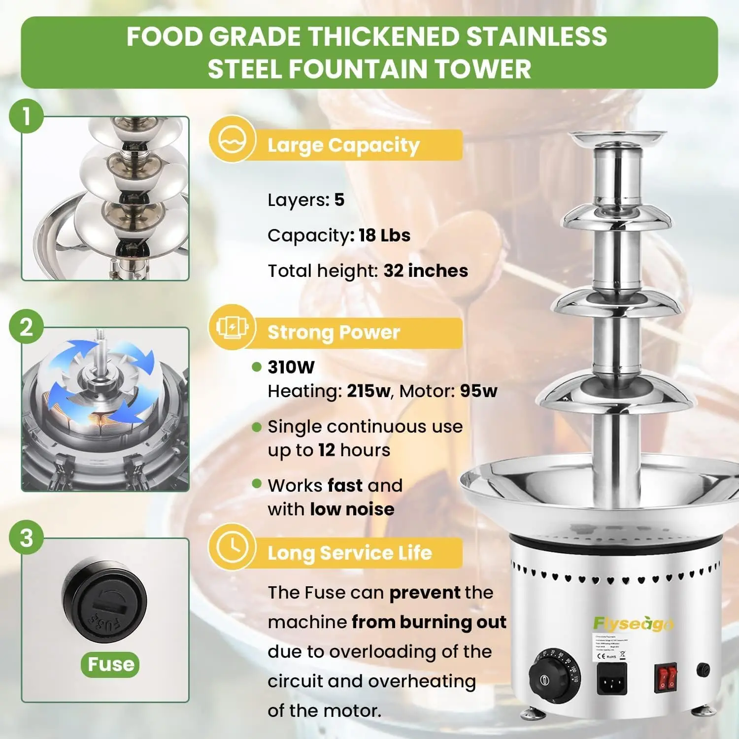 Chocolate Fountain 4 Layers 11Lbs Large Chocolate Fondue Tower Stainless Steel Hot Waterfall for Nacho Chee