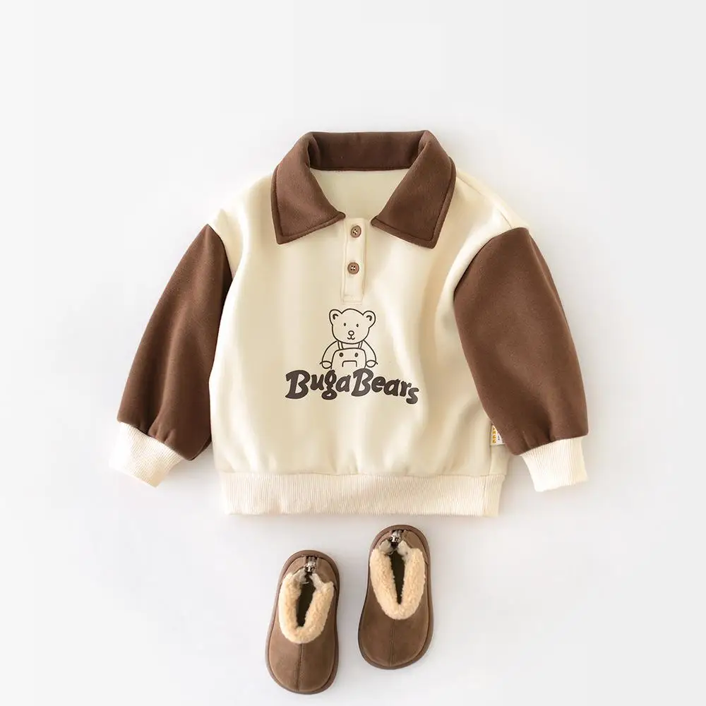 2025 Winter New Baby Long Sleeve Fleece Sweatshirt Bear Print Toddler Boy Girl Plus Velvet Thick Lapel Tops Infant Warm Pullover