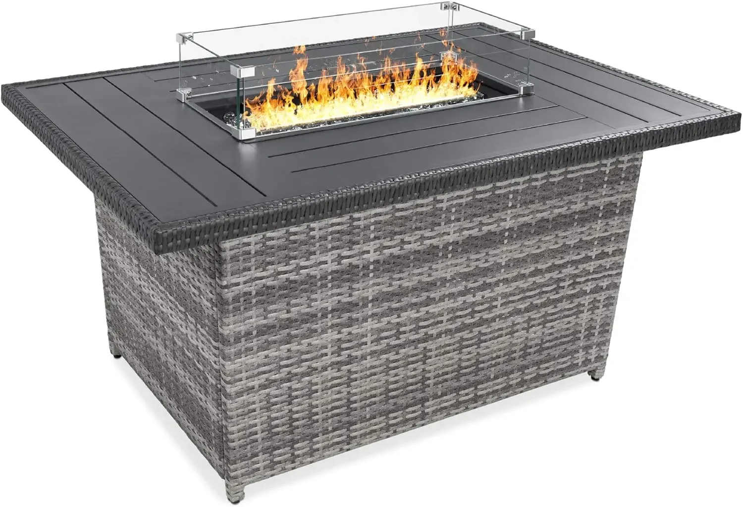 52in 50,000 BTU Outdoor Wicker Patio Propane Gas Fire Pit Table with Aluminum Tabletop Glass Wind Guard