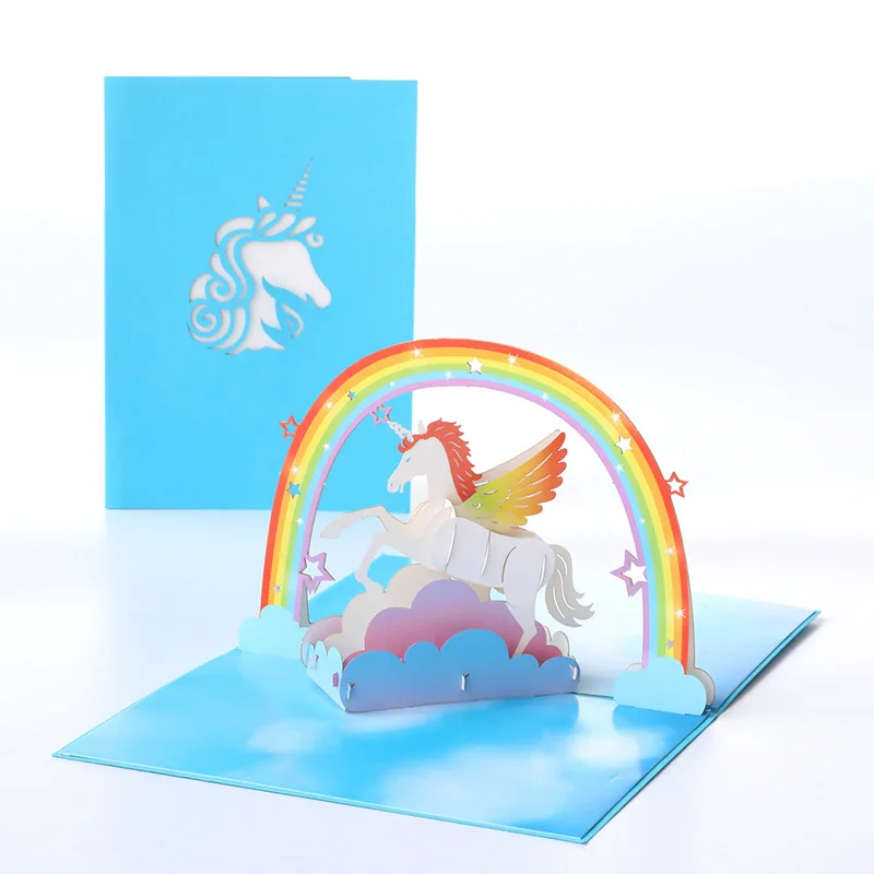 Pop up style Holiday Greeting Cards Creative Animal 3D Handmade Unicorn Paper Carving Birthday Gift