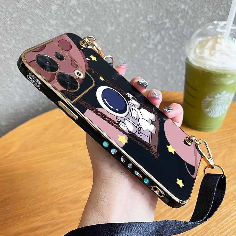 

Astronaut On a Swing Lanyard Plating Phone Case For OPPO Reno 7 Lite 6 7Z 6 ProPlus 5 Lite 5F 8 8T 8 Pro 7 4 Lite 4F 3 Pro Cover