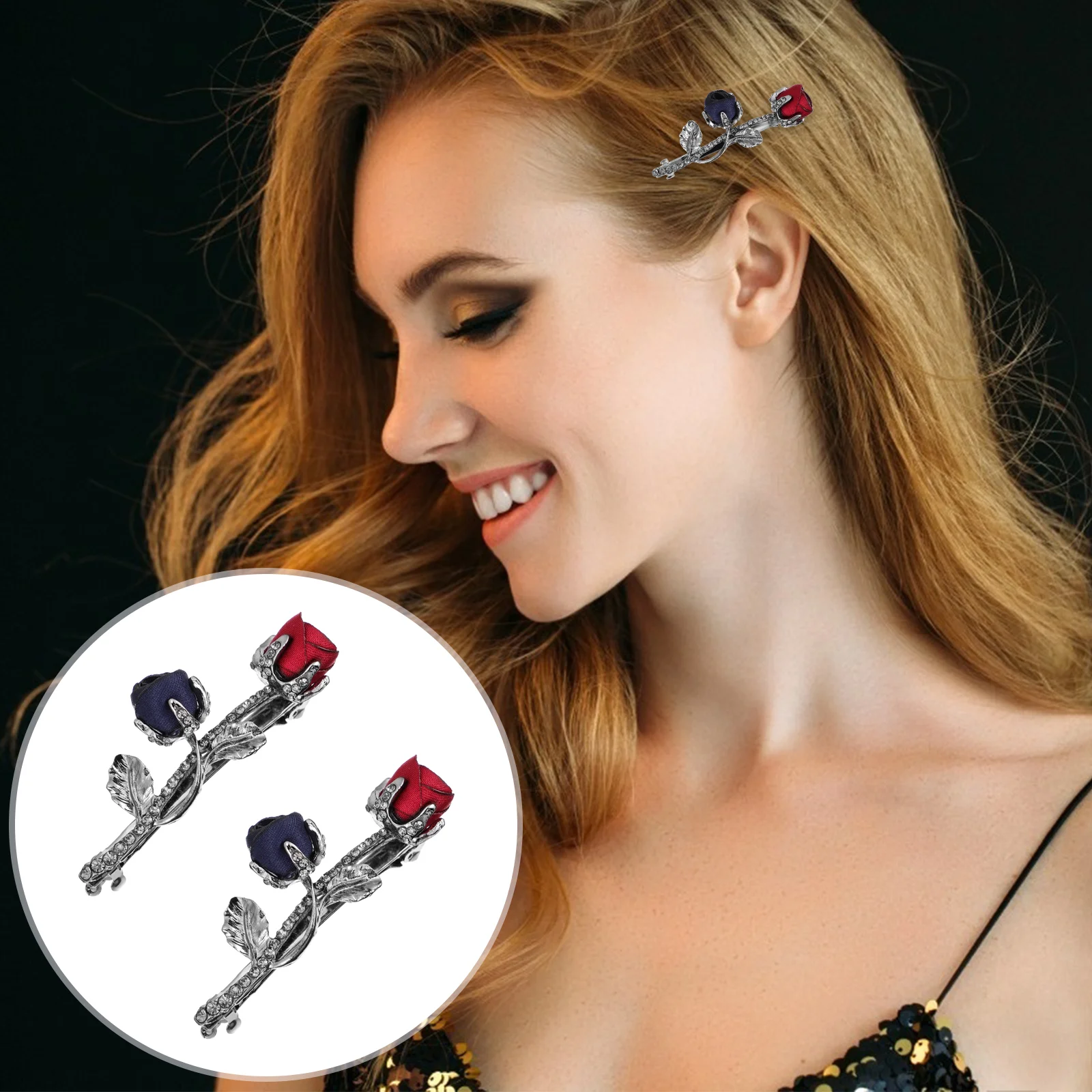 

2pcs Hair Clips Goth Flower Hair Barrettes Punk Hair Accessories for ( Dark Blue Red )
