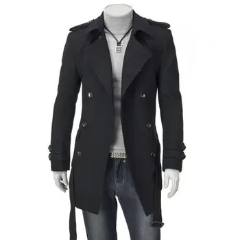 Fashionable Men's Autumn Winter Coat Korean Style Shoulder Strap Mid-Length Double-Row Button Woolen Coat Casual Outerwear