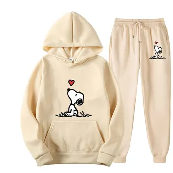 Snoopy Cartoon Anime Donna Felpa Pantaloni sportivi Set 2024 Moda Uomo Pullover Pantaloni Abito Primavera Autunno Coppia Felpa con cappuccio Pant Set 1