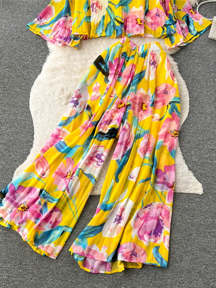 Autumn Women Draped Two Piece Set Bohemian Female Floral Pleated Short Blouse + High Waist Wide Leg Pants Chiffon Suit 2Pcs New