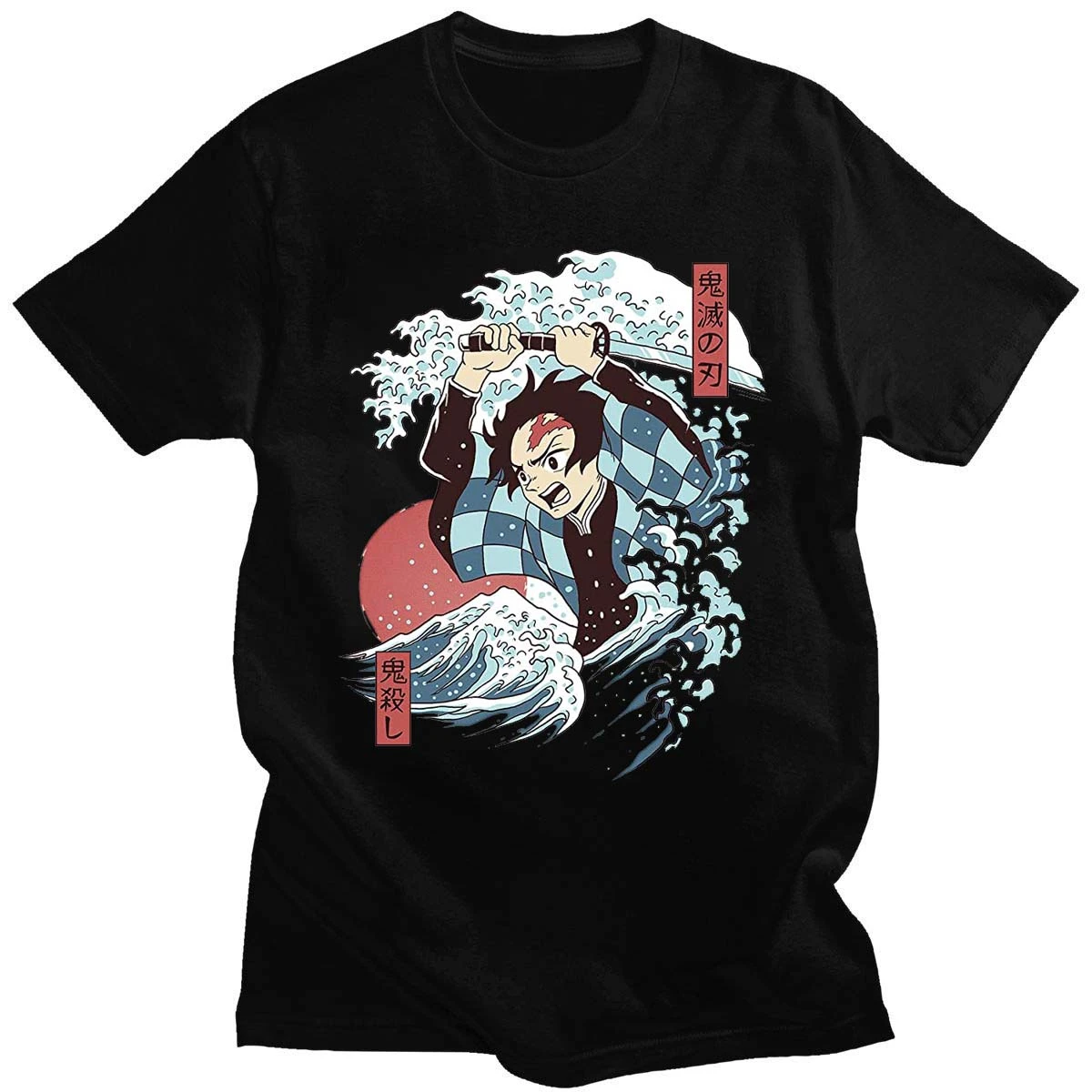 Summer Men Tshirt Demons Slayer in Ukiyo E Hokusai The Great Short Sleeves Cotton Print Anime Tee O-Neck Casual Women T-Shirt orange t shirt