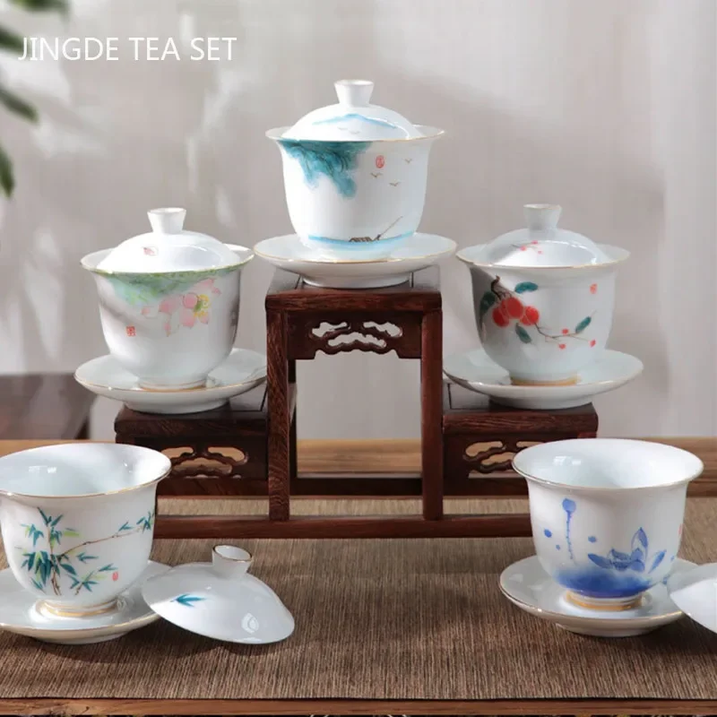High Quality White Porcelain Gaiwan Portable Ceramic Tea Set Chinese Hand Painted Tea Bowl Tea Ceremony Accessories 170ml