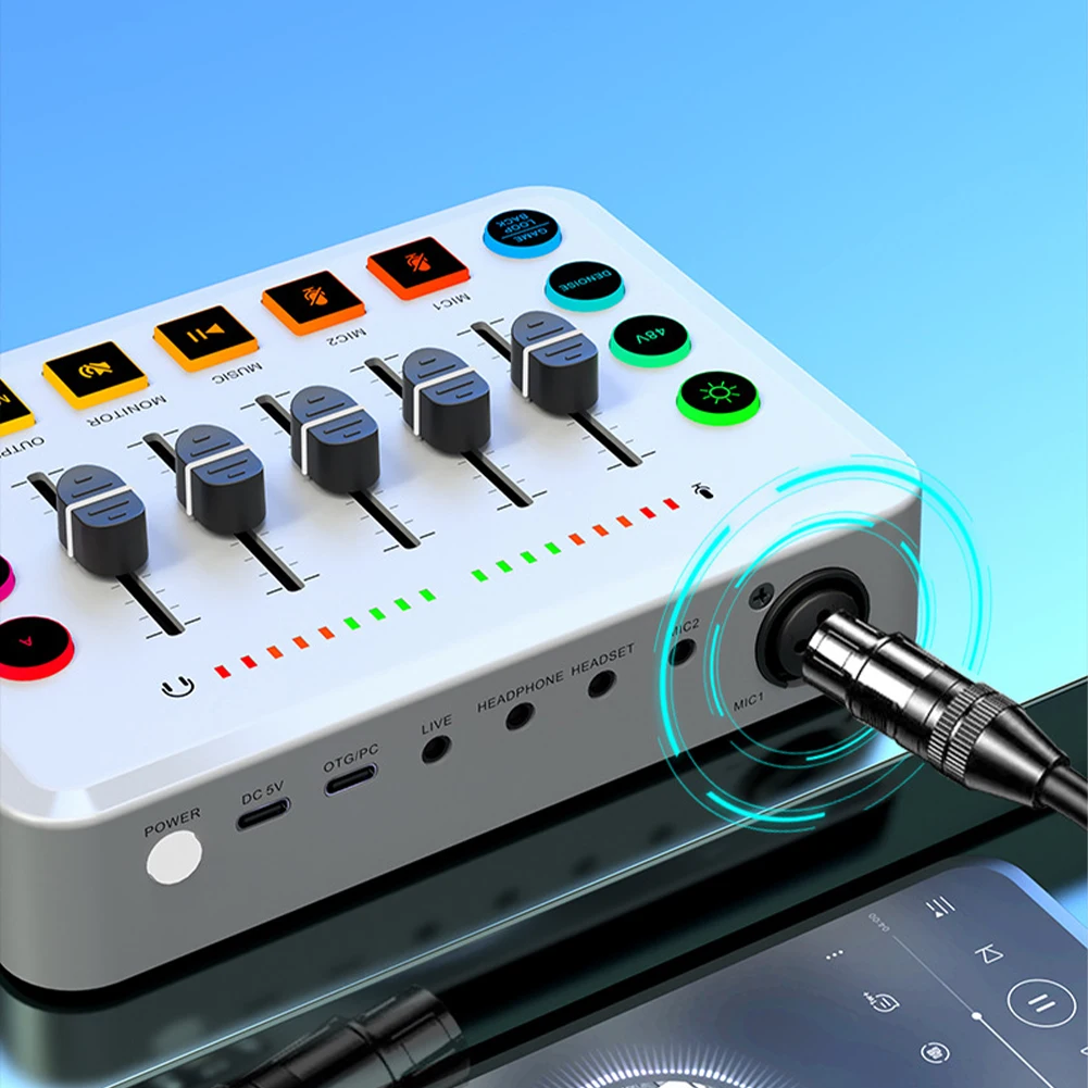 Live Sound Card Gaming Audio Mixer Volume Fader Mute Button Streaming RGB PC Mixer for Streaming Recording Podcasting and Gaming