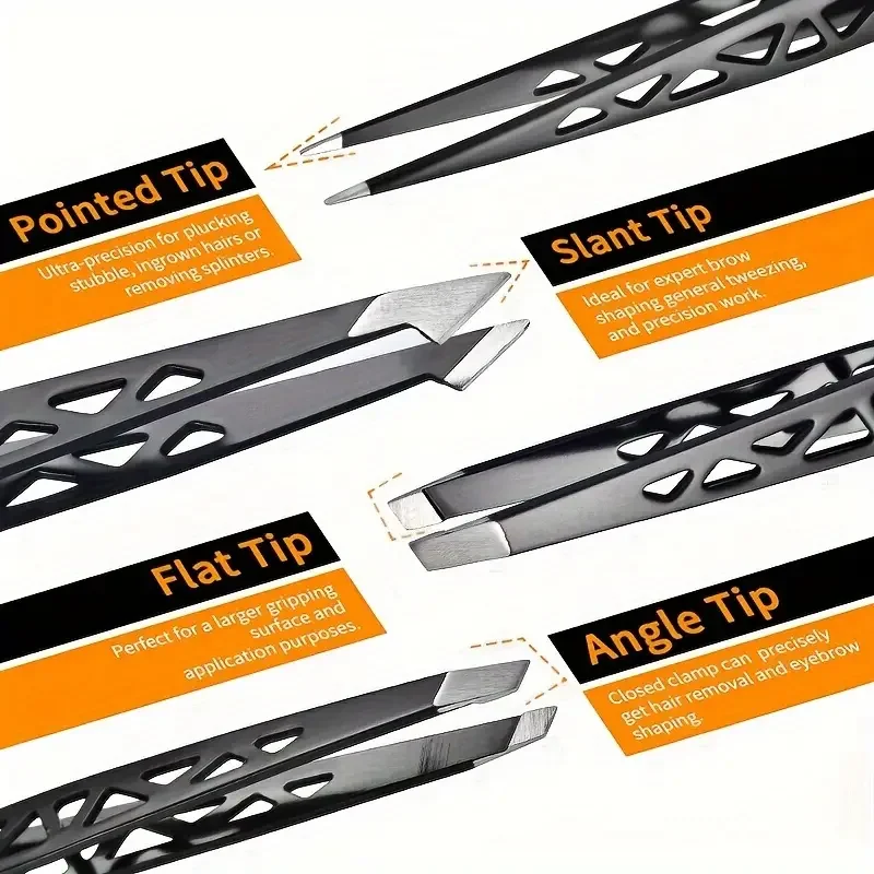 4-piece, professional premium stainless steel tweezers set precision eyebrow shaping removal tools 5