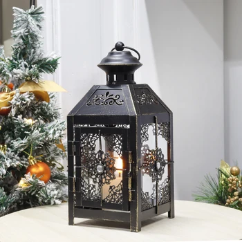 Metal Candle Lantern Decorative Lantern Glass Wind Light Vintage Hanging Lantern Home Decor Wedding Decoration Art Gift