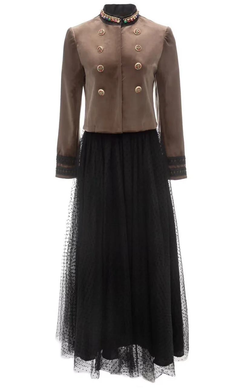 

Top Quality Women's Set 2023 Spring Autumn Long Skirt Suit Ladies Beading Button Long Sleeve Coat+Long Maxi Mesh Skirt Sets 2pc