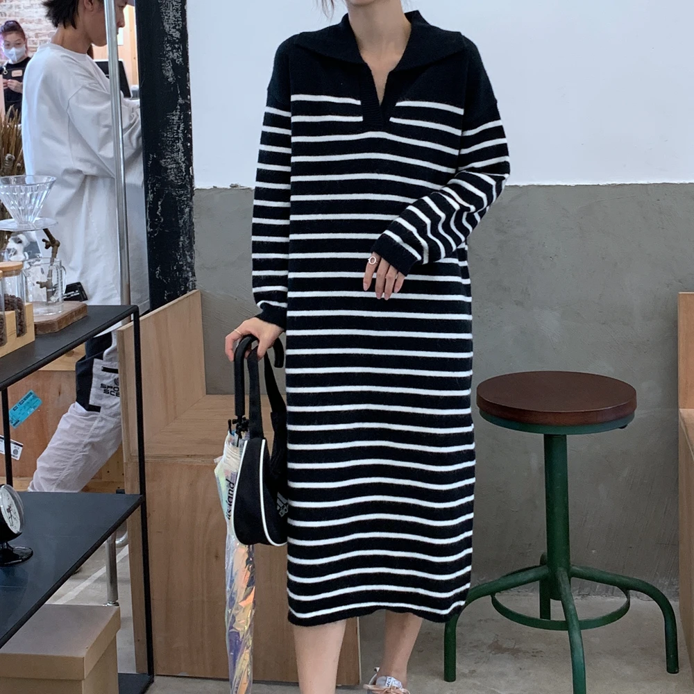 

Полосатые вязаные платья для женщин, Осень-зима 2023, воротник поло, лоскутное корейское повседневное длинное платье, свободные пуловеры, платья