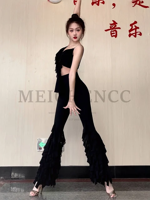 Pantaloni Ballo Latino Donna Con Nappe - Frange Tiered Per Tango Salsa Cha-Cha Professionale