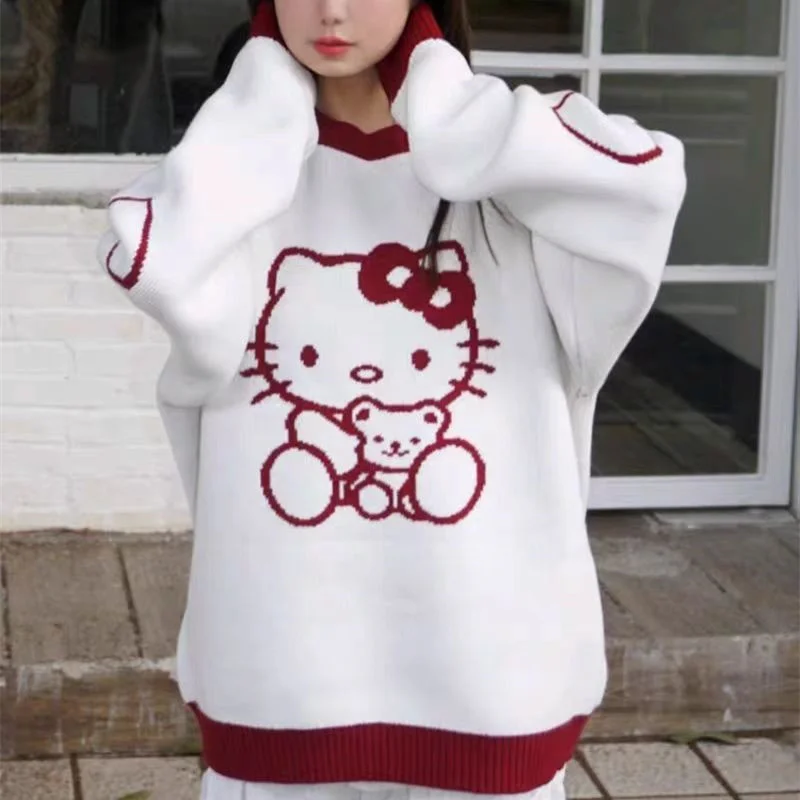 Suéter de Hello Kitty de gran tamaño, Top largo de Anime Kawaii, serie  súper linda, bordado suelto y suave, regalo de cumpleaños Sanrio, envío  rápido _ - AliExpress Mobile