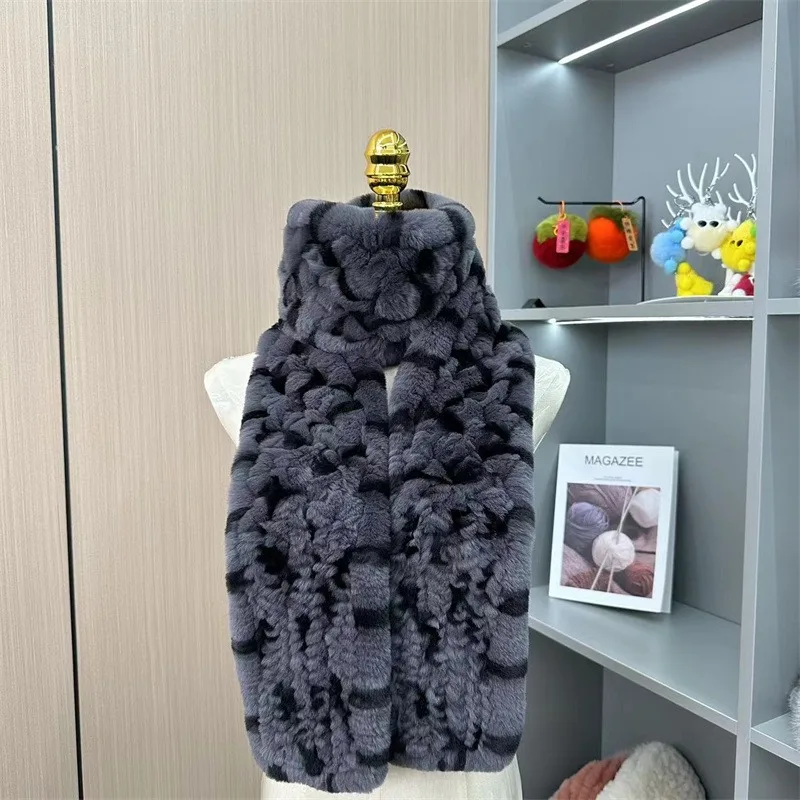 

New Winter Women Knitted Real Rex Rabbit Fur Scarf Natural Warm Rex Rabbit Fur Scarves Lady Quality 100% Real Fur Muffler