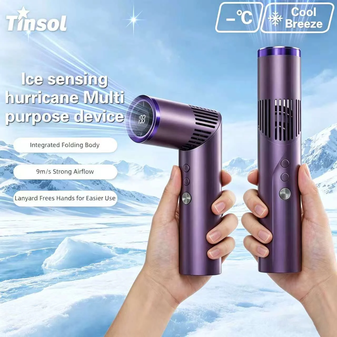 TINSOL 2026 Neuer Lippenstift-Mini-Handventilator, Tragbarer Faltbarer Nackenventilator mit Digitalanzeige und Beleuchtungsfunktion