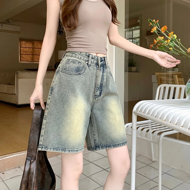 2024 Spring New Denim Shorts Women American Retro Straight Wide Leg High Waist Solid Color Casual Versatile Short Pants Female