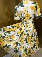 موسم إكسيانغ-فستان نسائي قطني بصدر واحد ، أكمام قصيرة ، دانتيل ، طباعة زهور صفراء ، فساتين حفلات أنيقة ، مصمم ، ربيع 1