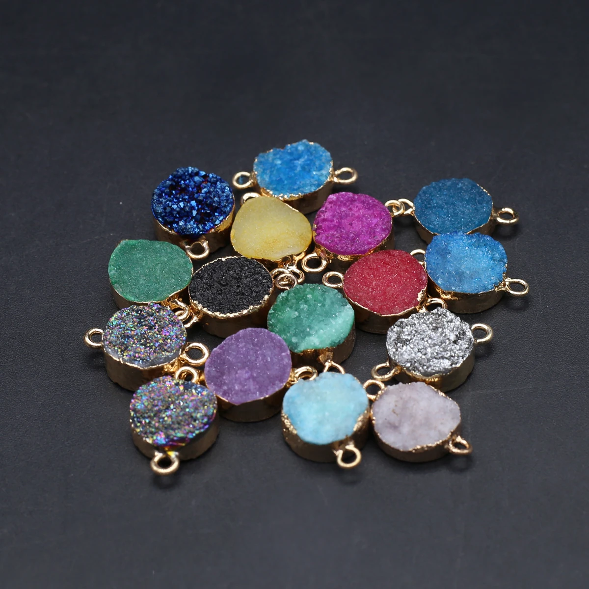 

7PCS Natural Semiprecious Stone Colored Crystal Cluster Round Package Gold Edge Connector Pendant Jewelry Making DIY Necklace