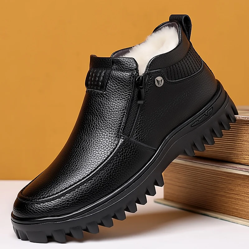 

Winter Men Boots zips Casual Warm Fur Bussiness Cotton Boots Snow Boots outdoor Leather Men Leisure Shoes Bota Masculina