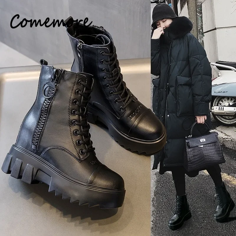 

Comemore 2023 New Leather Increased Height British Style Motorcycle Boots Casual Thick Short Boot Non-slip Warm Booties Female