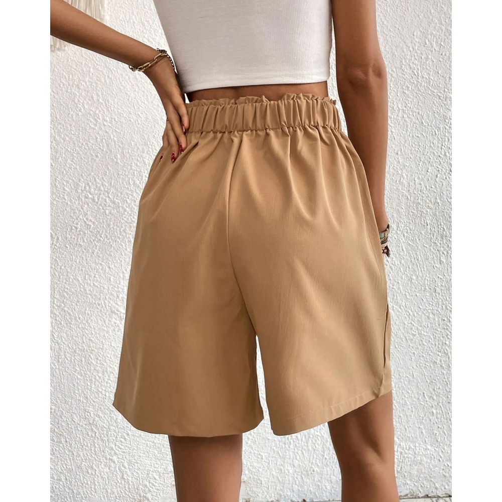 Summer Women Ruched Deisgn High Waist Shorts Female Casual Buttoned Wide Leg Elegant Korean Style Hot Pants Streetwear Outfits